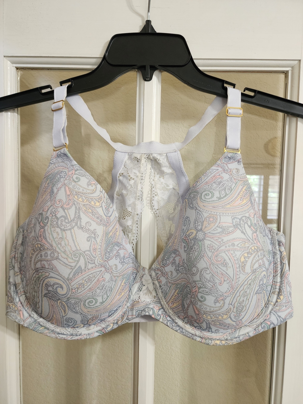 Soma Embraceable Racerback Bra 38DDD Gray Paisley Lace Underwire
